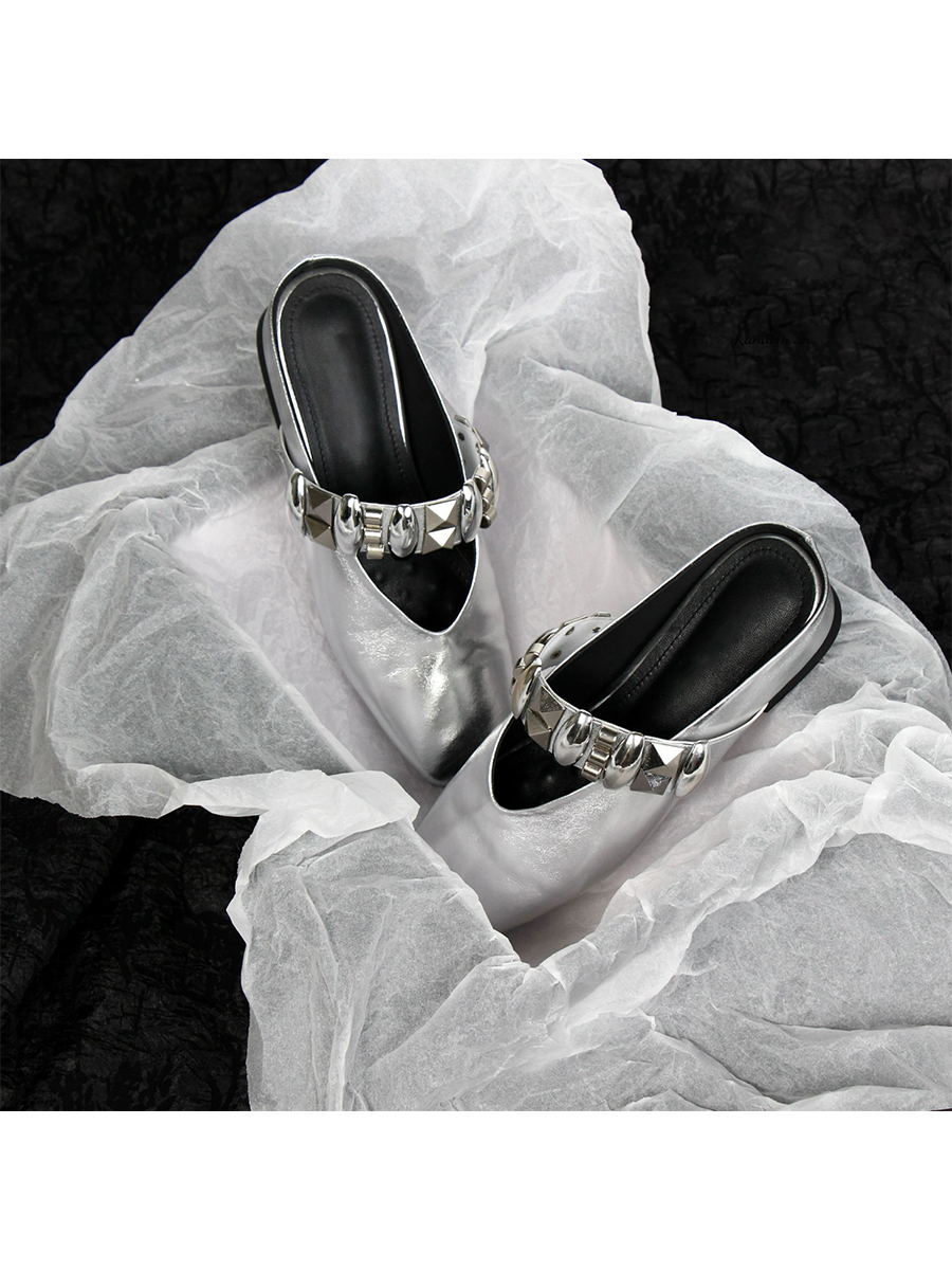 Sheepskin Square Head Rivet One-Strap Closed-Toe Half Slippers for Women - Height-Increasing French Style Slip-On Sandals Sheepskin Square Head Rivet One-Strap Closed-Toe Half Slippers for Women - Height-Increasing French Style Slip-On Sandals