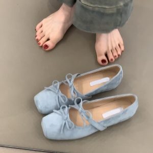Sheepskin Square-Toed Bow Ballet Shoes - French Style Hidden Height Mary Jane Flats for Evening Wear & Casual Chic