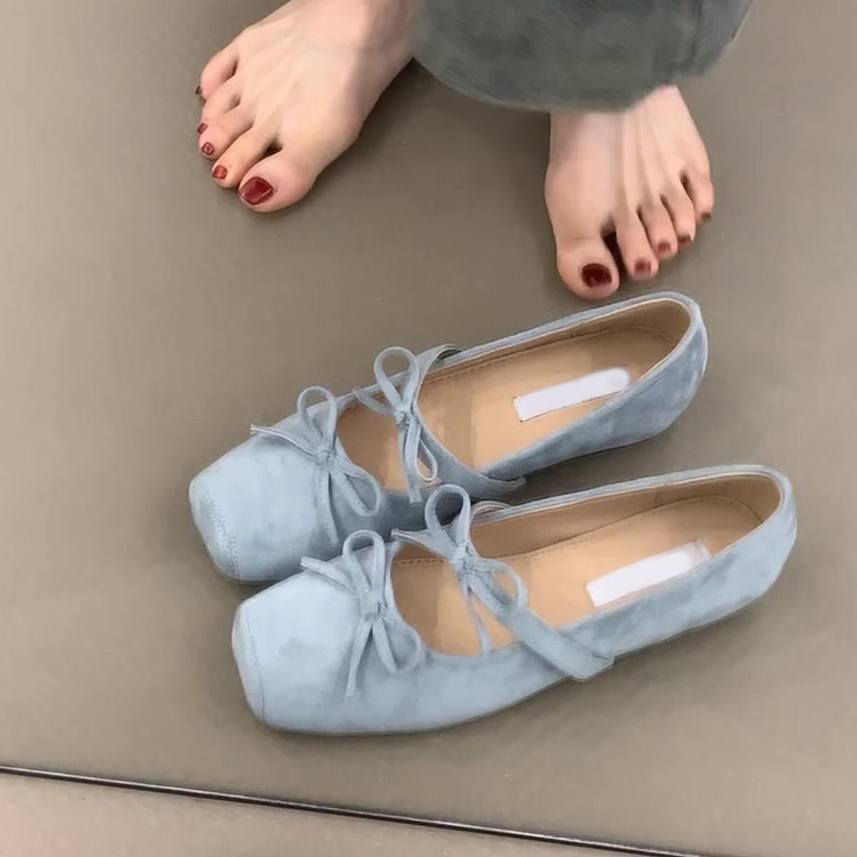 Sheepskin Square-Toed Bow Ballet Shoes - French Style Hidden Height Mary Jane Flats for Evening Wear & Casual Chic