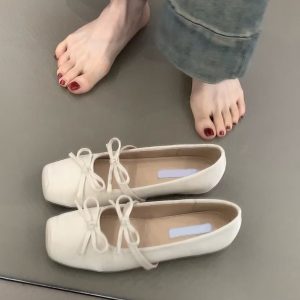 Sheepskin Square-Toed Bow Ballet Shoes - French Style Hidden Height Mary Jane Flats for Evening Wear & Casual Chic