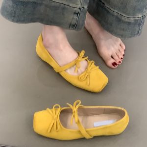 Sheepskin Square-Toed Bow Ballet Shoes - French Style Hidden Height Mary Jane Flats for Evening Wear & Casual Chic