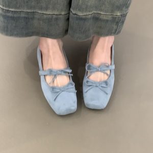 Sheepskin Square-Toed Bow Ballet Shoes - French Style Hidden Height Mary Jane Flats for Evening Wear & Casual Chic