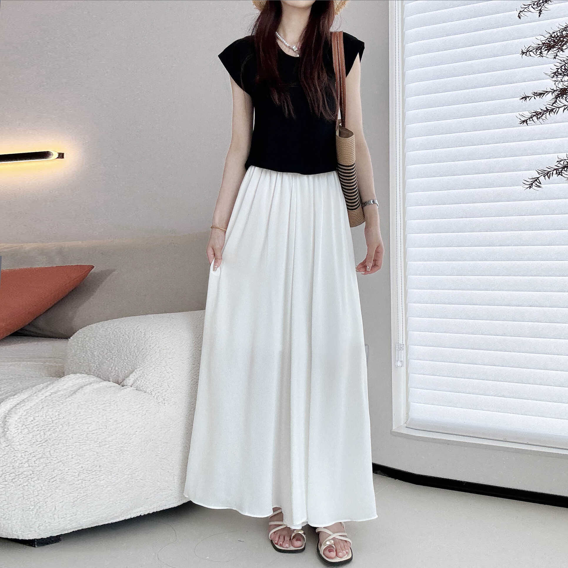 Sheer Chiffon Wide-Leg Pants - Lightweight, Slimming Effect, Wrinkle-Resistant, Cool Summer White with Pockets