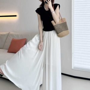 Sheer Chiffon Wide-Leg Pants - Lightweight, Slimming Effect, Wrinkle-Resistant, Cool Summer White with Pockets