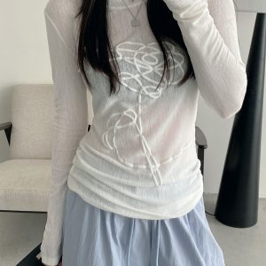 Sheer Long-Sleeve T-Shirt for Women, 3D Foam Printed Sun Grapefruit Design, Summer Versatile Slim-Fit Sun Protection Top