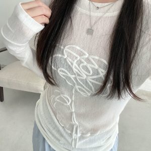 Sheer Long-Sleeve T-Shirt for Women, 3D Foam Printed Sun Grapefruit Design, Summer Versatile Slim-Fit Sun Protection Top