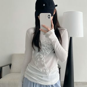 Sheer Long-Sleeve T-Shirt for Women, 3D Foam Printed Sun Grapefruit Design, Summer Versatile Slim-Fit Sun Protection Top