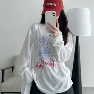 Sheer Sun Grapefruit T-Shirt Cover-Up - Spring Summer Loose Long Sleeve Lily Print Sun Protection Top for Women in Korean Style