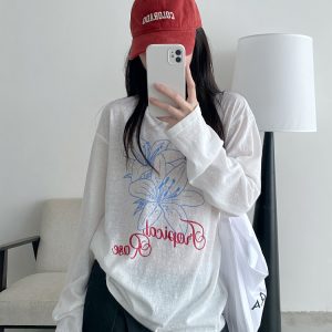 Sheer Sun Grapefruit T-Shirt Cover-Up - Spring Summer Loose Long Sleeve Lily Print Sun Protection Top for Women in Korean Style