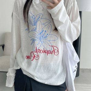 Sheer Sun Grapefruit T-Shirt Cover-Up - Spring Summer Loose Long Sleeve Lily Print Sun Protection Top for Women in Korean Style