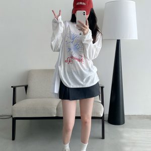 Sheer Sun Grapefruit T-Shirt Cover-Up - Spring Summer Loose Long Sleeve Lily Print Sun Protection Top for Women in Korean Style