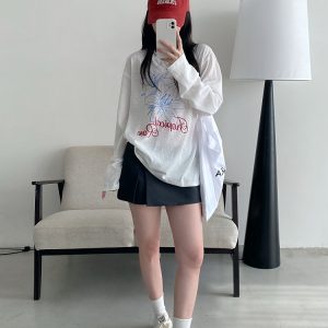 Sheer Sun Grapefruit T-Shirt Cover-Up - Spring Summer Loose Long Sleeve Lily Print Sun Protection Top for Women in Korean Style