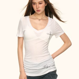 Sheer V-Neck Short-Sleeve T-Shirt for Women - American Style, Spicy Girl Design, Slim-Fit, Summer Trend with Side Cross Detail