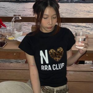 Short Sleeve Leopard Print Heart T-Shirt for Women - Slim Fit, High Stretch, Pure Cotton, Korean Style, 25SS Fashion