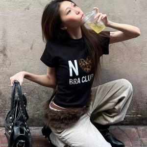 Short Sleeve Leopard Print Heart T-Shirt for Women - Slim Fit, High Stretch, Pure Cotton, Korean Style, 25SS Fashion