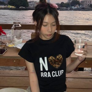 Short Sleeve Leopard Print Heart T-Shirt for Women - Slim Fit, High Stretch, Pure Cotton, Korean Style, 25SS Fashion