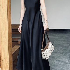 Silk Satin A-Line Slip Dress with Diagonal Cut and Flowing Thin Straps – Elegant Long Black Dress for Effortless Style