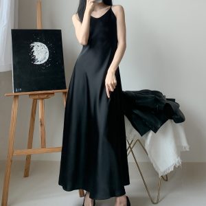 Silk Satin A-Line Slip Dress with Diagonal Cut and Flowing Thin Straps – Elegant Long Black Dress for Effortless Style