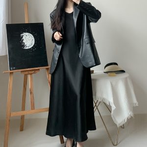 Silk Satin A-Line Slip Dress with Diagonal Cut and Flowing Thin Straps – Elegant Long Black Dress for Effortless Style