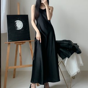 Silk Satin A-Line Slip Dress with Diagonal Cut and Flowing Thin Straps – Elegant Long Black Dress for Effortless Style