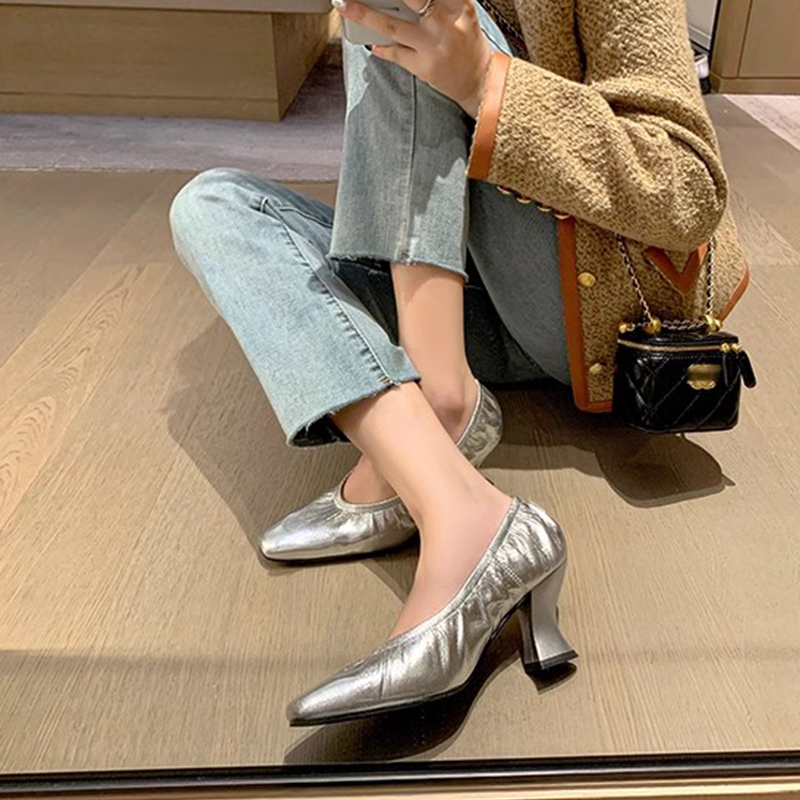 Silver Chunky Heel Grandma Shoes for Women - Age-Defying Small Square-Toe Soft-Soled Footwear in Trendy Retro Style