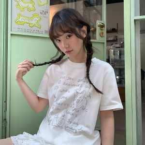 Silver Glitter Foam Letter Printed Short Sleeve T-shirt for Women - Loose Pure Cotton Round Neck Top for Spring Summer Fashion