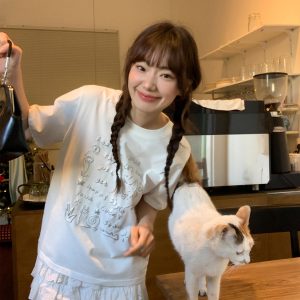 Silver Glitter Foam Letter Printed Short Sleeve T-shirt for Women - Loose Pure Cotton Round Neck Top for Spring Summer Fashion