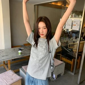 Silver Glitter Foam Letter Printed Short Sleeve T-shirt for Women - Loose Pure Cotton Round Neck Top for Spring Summer Fashion