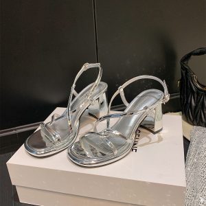 Silver High-Heeled Sheepskin Sandals for Women - Cross Strap Chunky Heels, Elegant Fairy Style for Summer