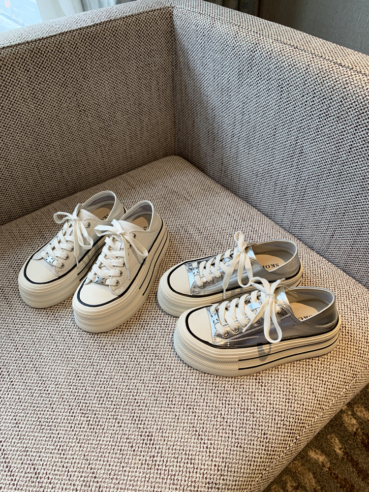 Silver Lace-Up Sneakers for Women - 2025 New Style Genuine Leather Thick-Soled Height-Increasing Casual Sports Shoes Silver Lace-Up Sneakers for Women - 2025 New Style Genuine Leather Thick-Soled Height-Increasing Casual Sports Shoes