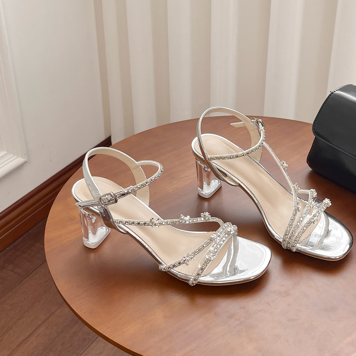 Silver Rhinestone One-Strap High Heels for Women, Transparent Crystal Design, French Style, Perfect for Skirts and Chic Outfits