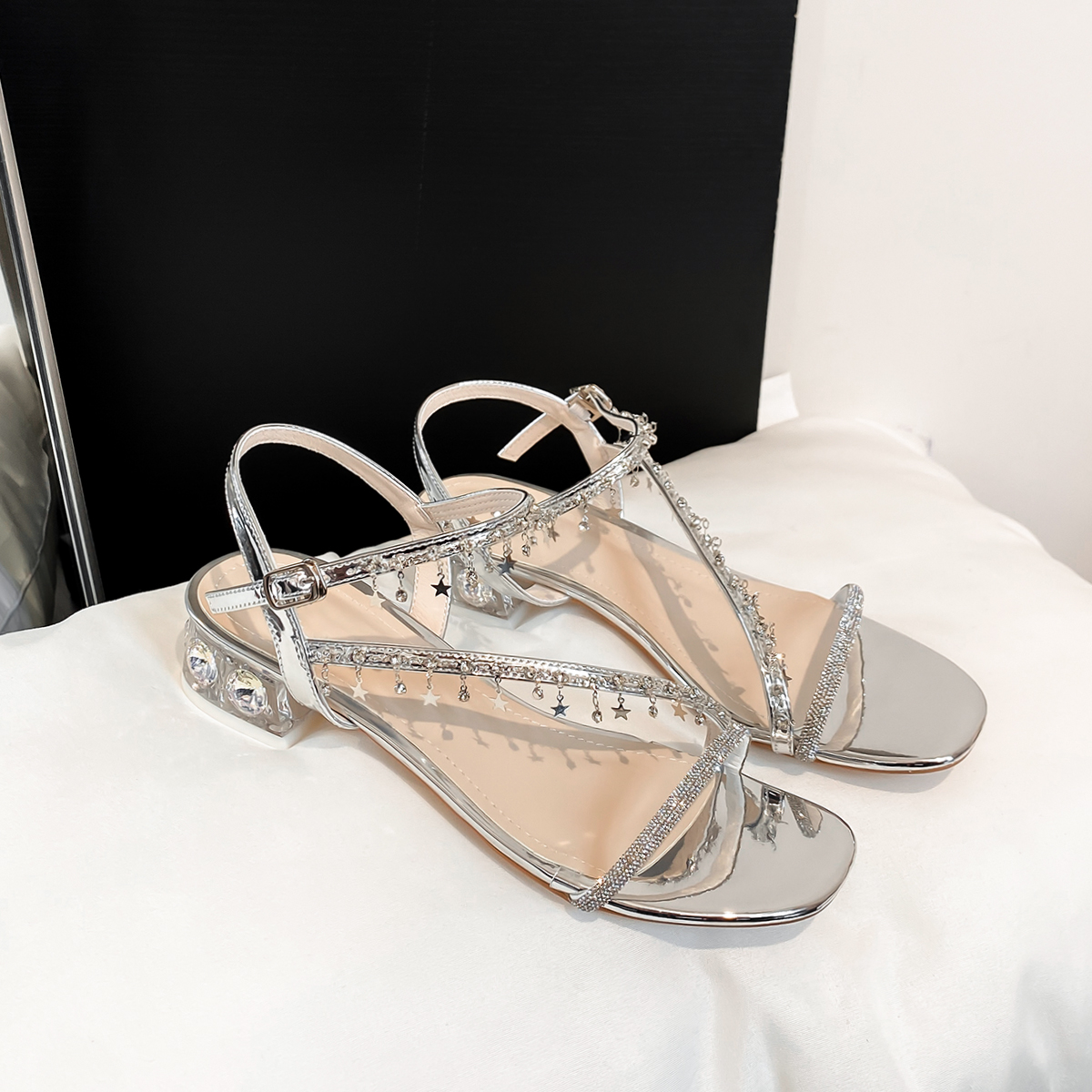 Silver Rhinestone Sheepskin Sandals for Women - Chunky Heel, Square Toe, One Strap Transparent Crystal - Summer Fashion Footwear