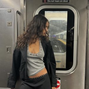 Silver Ring Eyelet Gray Vest with Black Skirt Pants – Stylish Girl Outfit, Y2K Fashion, Trendy Layered Look