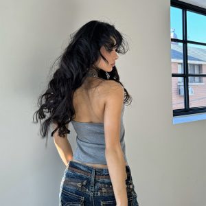 Silver Ring Eyelet Gray Vest with Black Skirt Pants – Stylish Girl Outfit, Y2K Fashion, Trendy Layered Look