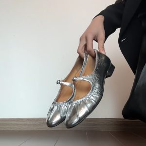 Silver Sheepskin Mary Jane Shoes for Women - Elegant Round Toe, French Pleated One-Strap Low-Heeled Ballet Flats