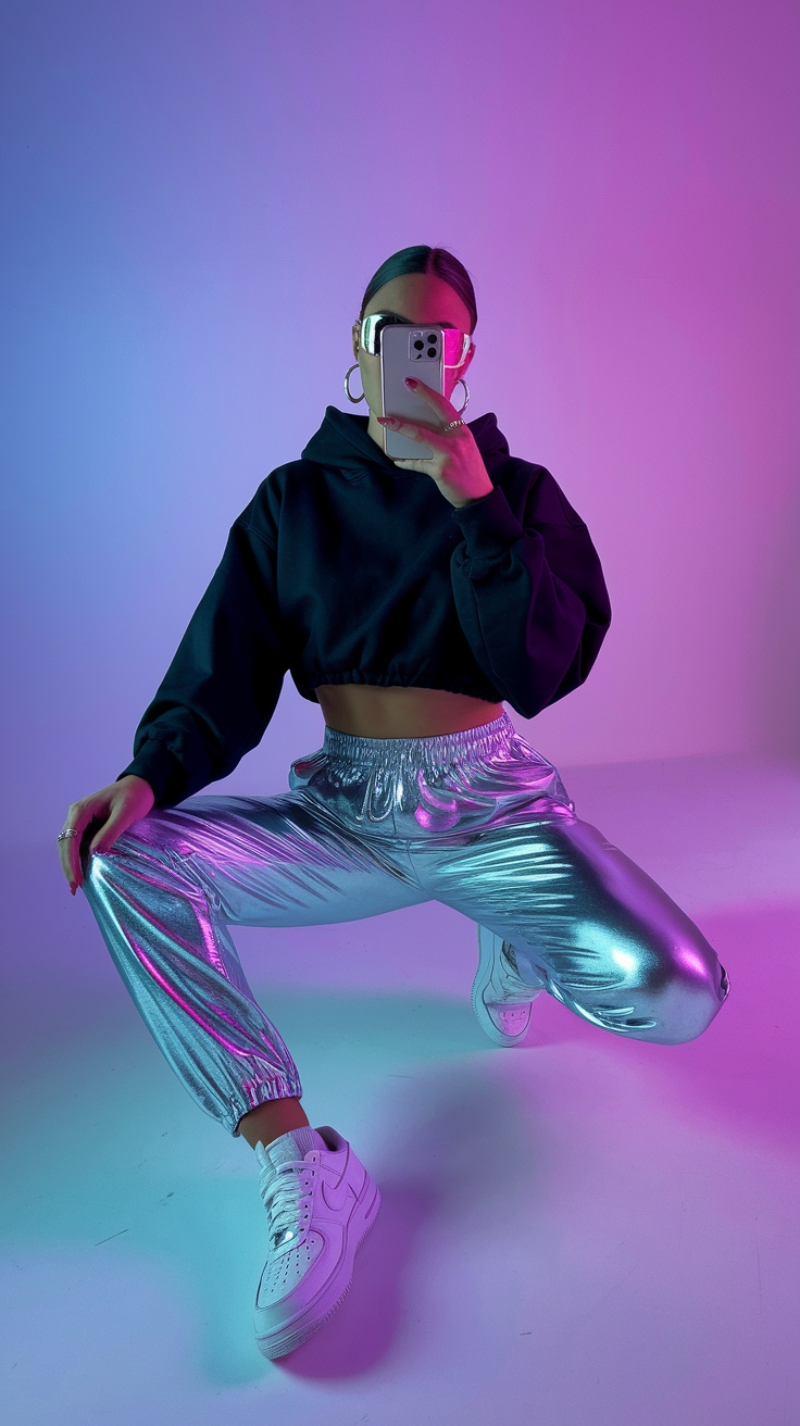 Silver Metallic Joggers Outfit for a Futuristic Flair outfit idea