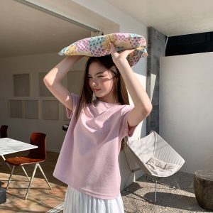 Simple Letter Embroidery Round Neck Short Sleeve T-shirt for Women - Elegant Versatile Summer Top 2025, Y2K Casual Fashion