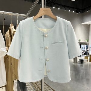 Sky Blue Korean-Style Short Sleeve Blazer for Women - Summer Lightweight Fashion Top, 2025 Trendy Socialite Wear