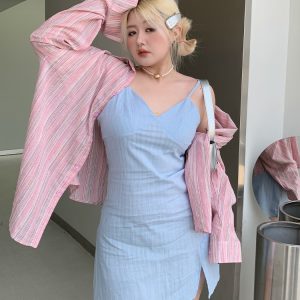 Sky Blue Water-Washed Printed Camisole Dress - Summer Must-Have, Stylish & Comfortable Travel Essential, Versatile 90s-Inspired Fashion