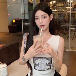 Slanted Shoulder Bow Tie Tank Top with Ice Silk Knitted Sweater - Trendy Women's Outfit for 90s and Y2K Styles