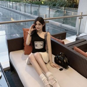 Slanted Shoulder Bow Tie Tank Top with Ice Silk Knitted Sweater - Trendy Women's Outfit for 90s and Y2K Styles