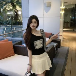 Slanted Shoulder Bow Tie Tank Top with Ice Silk Knitted Sweater - Trendy Women's Outfit for 90s and Y2K Styles