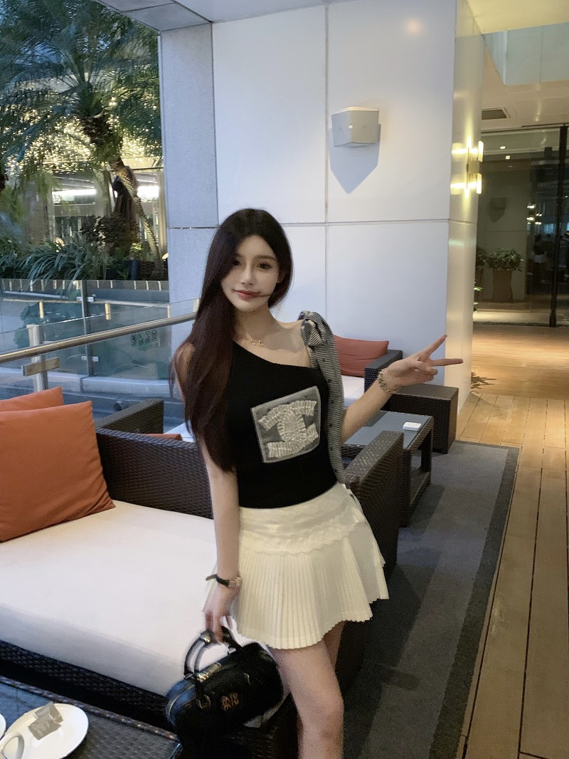 Slanted Shoulder Bow Tie Tank Top with Ice Silk Knitted Sweater - Trendy Women's Outfit for 90s and Y2K Styles Slanted Shoulder Bow Tie Tank Top with Ice Silk Knitted Sweater - Trendy Women's Outfit for 90s and Y2K Styles