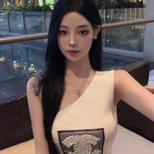 Slanted Shoulder Bow Tie Tank Top with Ice Silk Knitted Sweater - Trendy Women's Outfit for 90s and Y2K Styles