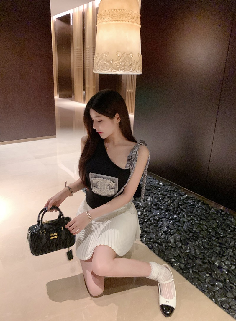 Slanted Shoulder Bow Tie Tank Top with Ice Silk Knitted Sweater - Trendy Women's Outfit for 90s and Y2K Styles Slanted Shoulder Bow Tie Tank Top with Ice Silk Knitted Sweater - Trendy Women's Outfit for 90s and Y2K Styles