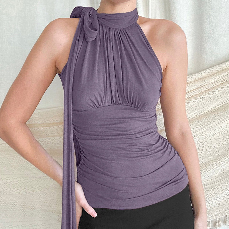 Sleeveless Solid Color Asymmetrical Blouse with Butterfly Knot and Long Ribbons - Elegant Off-Shoulder Pleated Top for Women Sleeveless Solid Color Asymmetrical Blouse with Butterfly Knot and Long Ribbons - Elegant Off-Shoulder Pleated Top for Women