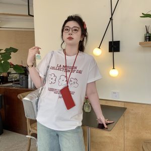 Slightly Chubby Casual Letter Print Short Sleeve T-Shirt Top for All Seasons - Summer Rhythm Style, Comfortable Everyday Wear