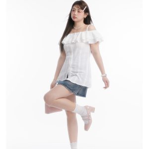 Slightly Chubby Cream Off-Shoulder Waist-Defining French Top for Y2K Style with Denim Mini Skirt