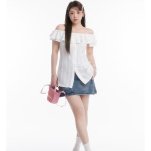 Slightly Chubby Cream Off-Shoulder Waist-Defining French Top for Y2K Style with Denim Mini Skirt