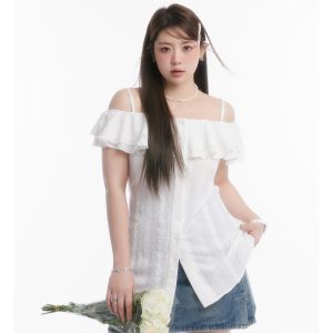 Slightly Chubby Cream Off-Shoulder Waist-Defining French Top for Y2K Style with Denim Mini Skirt